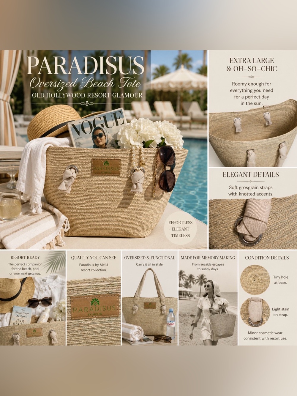 Beige Straw Tote with Fabric Handles -Resort Bag